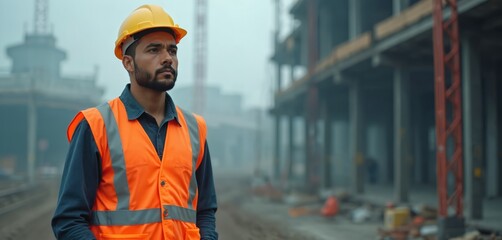 Latino construction worker in hard hat, safety vest looking at construction site background. Building engineer inspects civil engineering project. Pro builder with confident expression supervises