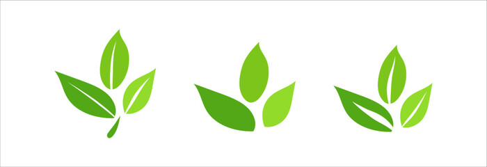 Set of Leaf icons, ecology nature organic element, green leaves flat minimalism illustration, environment and eco friendly concept sign, clip art symbol for label, vegan, save energy and self care