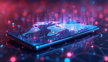 Mobile internet connectivity concept. Smartphone displaying world map hologram with digital network connections. Global mobile network internet based worldwide business networking digital technology.