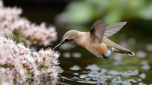 Hummingbird Feeding on Flower Nectar Close-Up Nature Photography