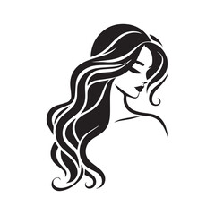 Beautiful woman with long curly hair in a glamorous fashion style, illustrated silhouette, with bold eyes and lips, showcasing elegance and beauty in a stylish vector design
