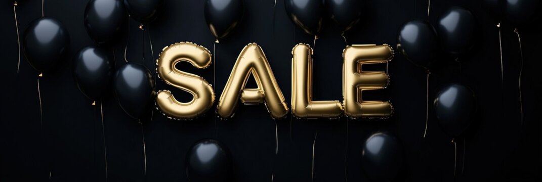 The word "SALE" is made of golden letters, with black balloons floating in the air, creating an overall banner background.