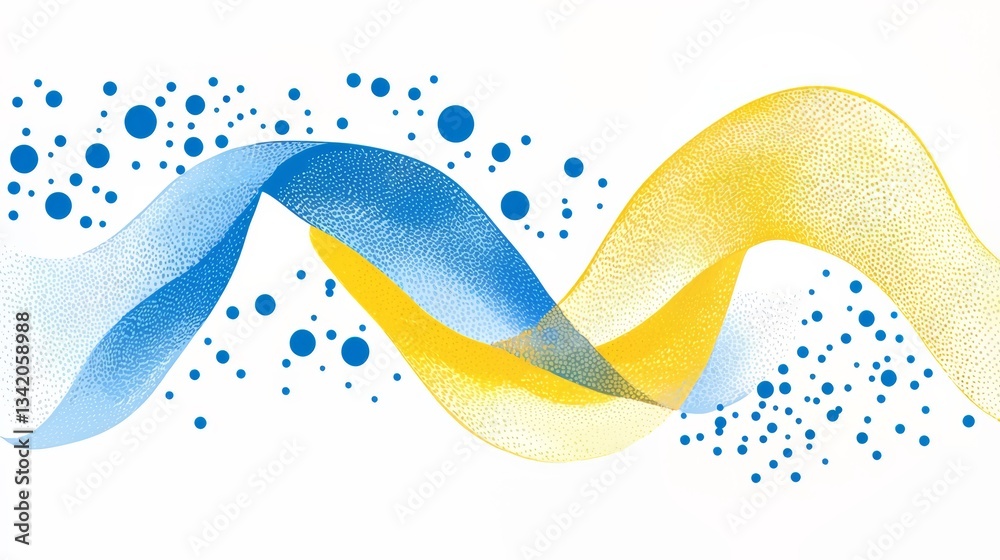 Poster Blue and yellow wave with many small dots. The dots are scattered all over the wave, giving it a sense of movement and energy. The colors of the wave and the dots create a dynamic