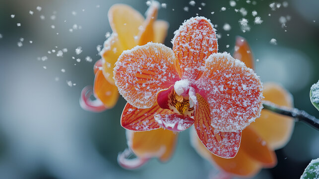 Winter's touch on indoor orchid, snowflakes lightly dusting vibrant petals