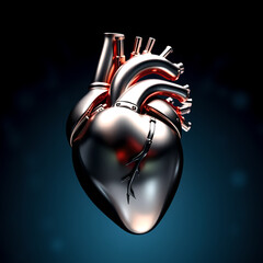 A shiny reflective titanium artificial heart with a blue background. Futurist concept of replacement of a diseased heart