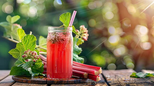 freshly squeezed rhubarb juice on the background of the garden. Selective focus