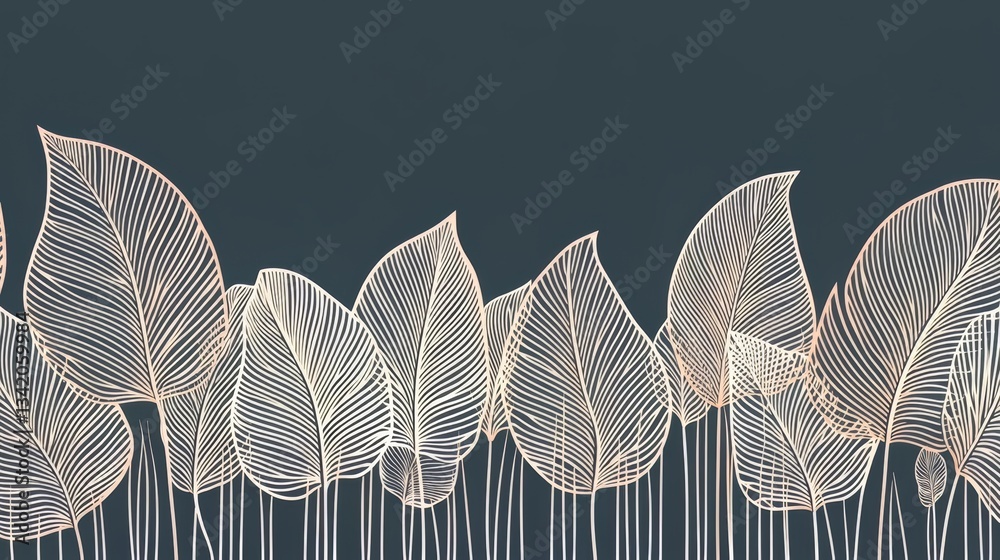 Poster blue background with a row of leaves in gold. the leaves are drawn in a very detailed and intricate 