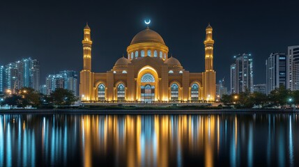 Obraz premium Majestic mosque at night, reflecting in still water, modern architecture