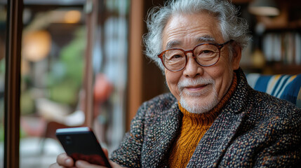 Obraz premium Elderly man learning to navigate modern technology in a cozy home while focusing intently on his smartphone