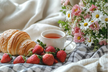 A spring picnic in the park: a neatly laid out checkered blanket, a basket with juicy fruit, croissants and a bottle of juice are seen from above. The sunlight is gently streaming through the branches