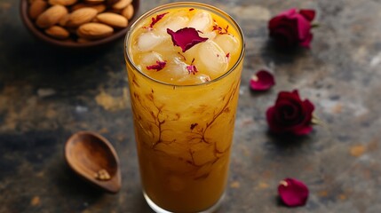 Top view of thandai Festive Indian Drink flavored almonds saffron and rose petals served chilled in a tall glass