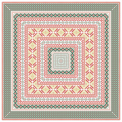 A vibrant geometric pattern with alternating squares in red, green, cream, and intricate designs forming a symmetrical, layered effect.