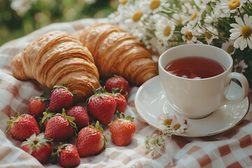 A cozy spring picnic in nature. A basket of fresh produce, fragrant croissants and ripe fruit are laid out on a bright blanket among the green grass. Perfect stock photo for design.