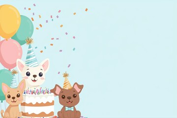 Adorable Cartoon Kittens Celebrate Birthday Party with Cake and Balloons in Bright Colors