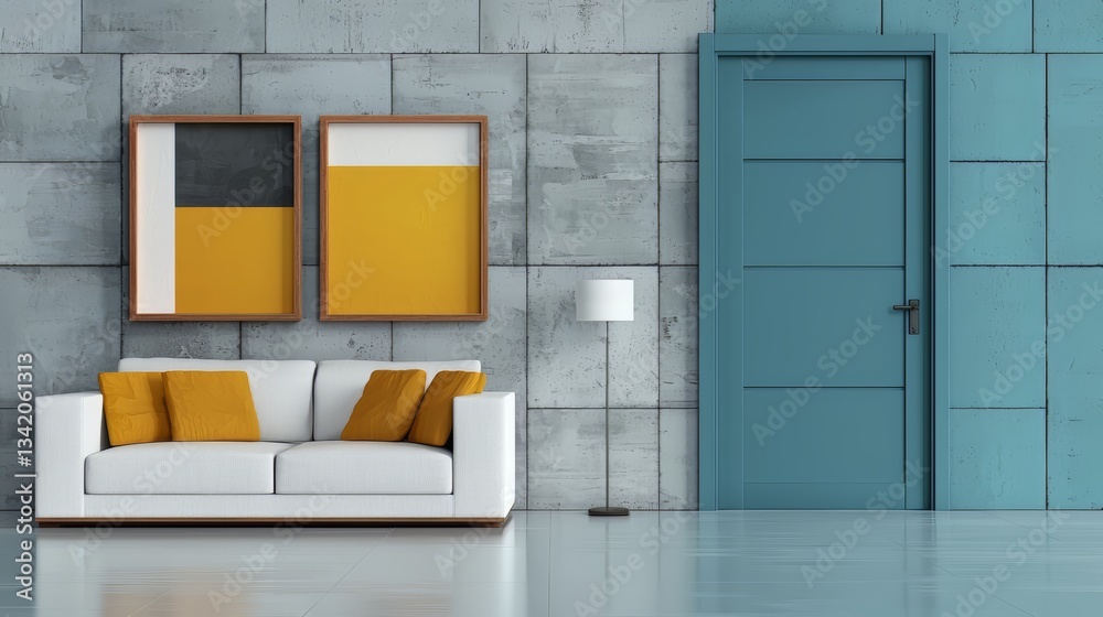 Poster Blue door with a black handle sits in front of a white couch. The couch is covered in yellow pillows and is placed in front of a wall with two paintings. The room has a modern and minimalist feel