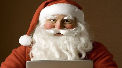 Naklejka premium Santa Claus with laptop Christmas work online