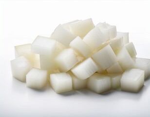 imagen hiperrealista de una cebolla cortada en cuadraditos, Fondo blanco.