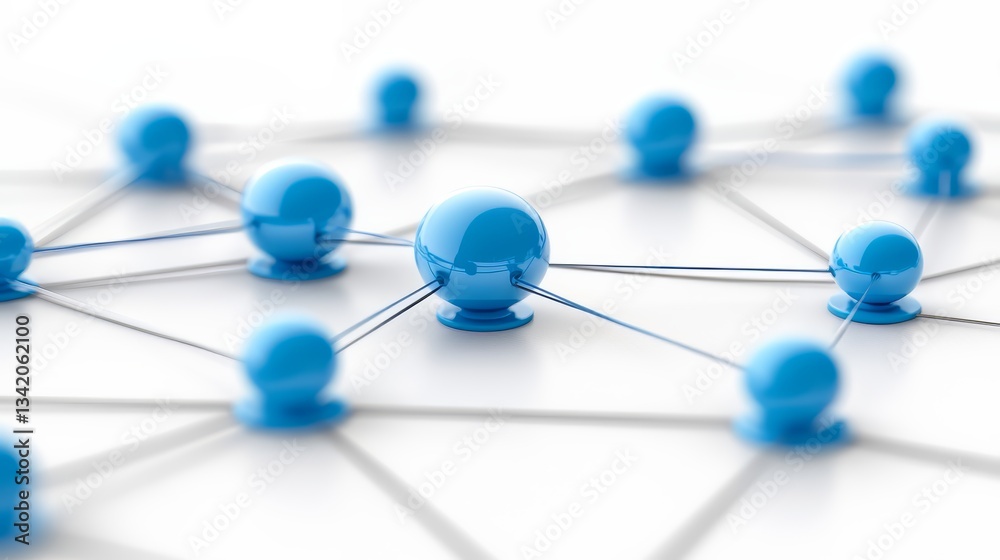 Poster Blue sphere is surrounded by a network of blue spheres. Concept of interconnectedness and unity