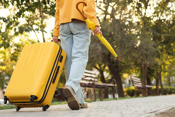 Woman with suitcase and umbrella walking in autumn park, back view