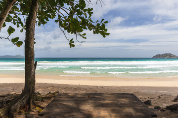 Idyllic view of a tranquil beach with clear turquoise waters and sandy shore