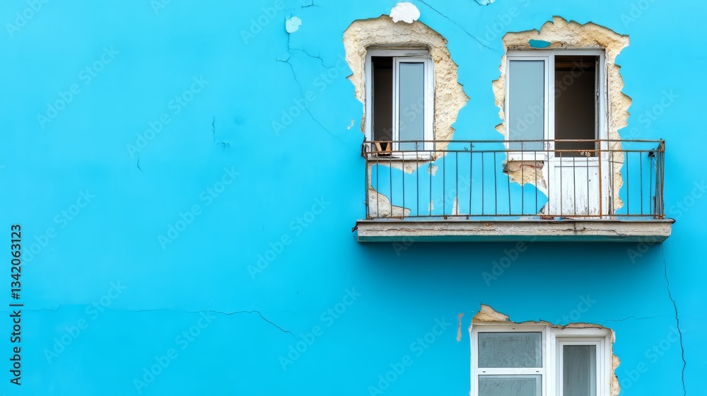 Aufkleber blue wall with a balcony and two windows. the balcony is rusted and the windows are open