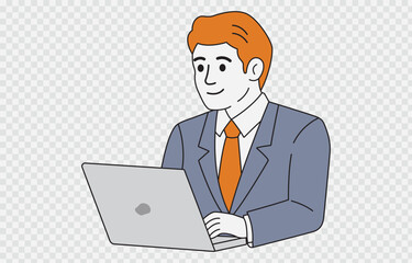 Vector illustration of a businessman working on a laptop, representing productivity, remote work, digital business, and professional tasks on a transparent background