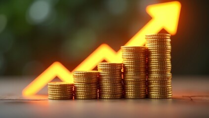 Macro photography of a stack of gold coins, arranged in ascending order, with a blurred background featuring a glowing arrow pointing upwards, symbolizing increasing wealth and prosperity