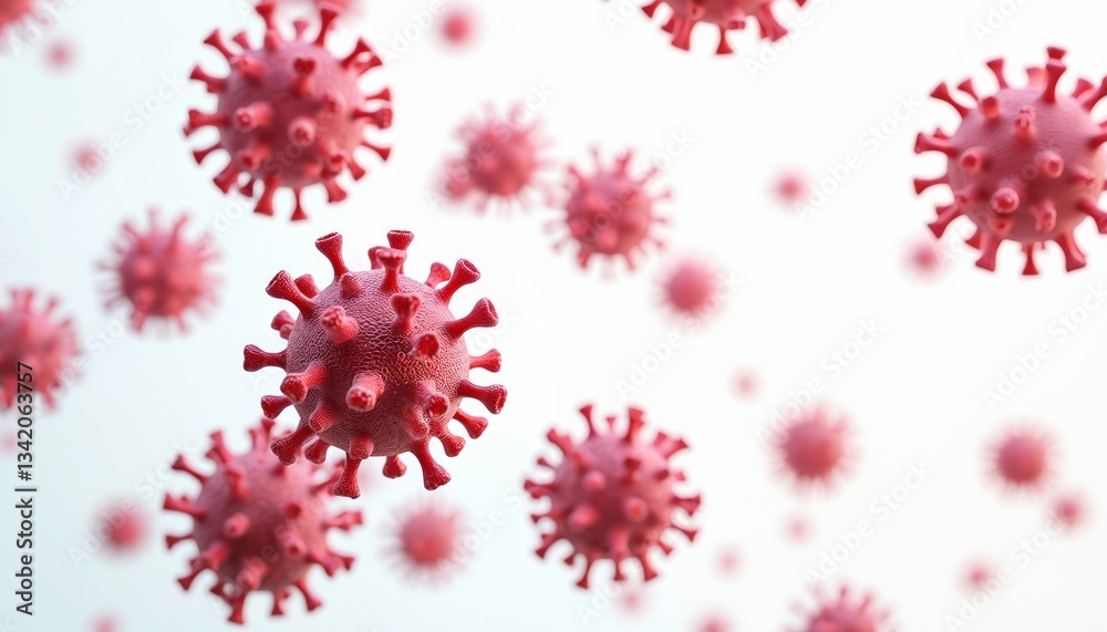 Poster numerous red virus bacteria organisms on transparent background. microscopic view of coronavirus cel