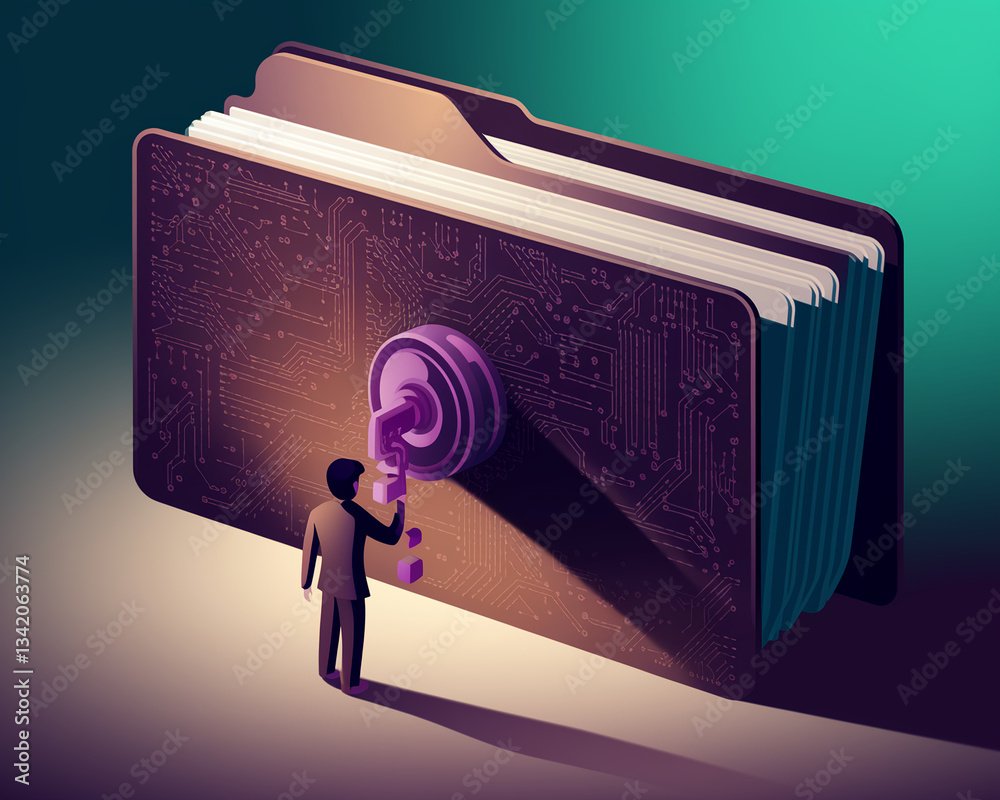 Poster isometric illustration of a person unlocking a large digital file folder resembling a circuit board,