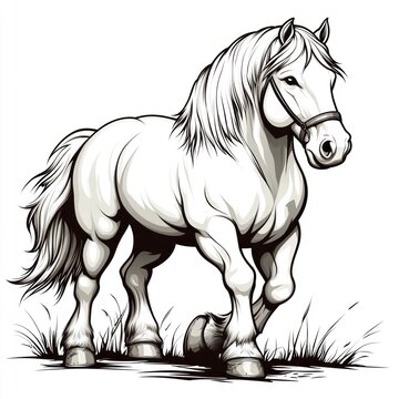 Majestic draft horse walking in field illustration