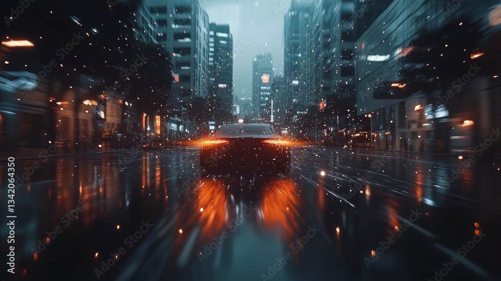 Poster blurry image of a car driving down a wet street with snow falling. the car is orange and black, and 