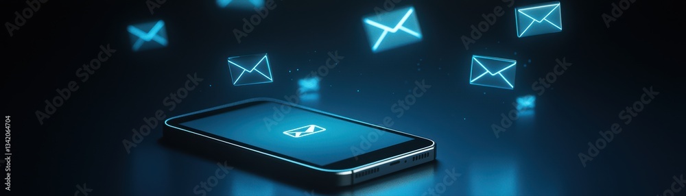 Poster modern smartphone screen displaying glowing inbox notifications and floating email icons