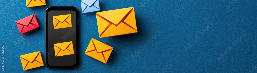 Poster conceptual image of smartphone screen with colorful digital notifications and envelopes
