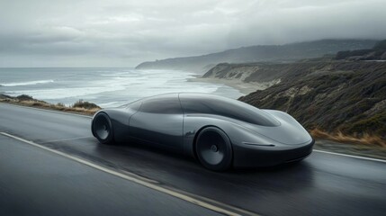 Sleek Grey Futuristic Sports Car on Coastal Highway