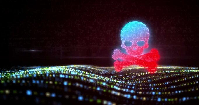Skull cyber pirates and hacking cyberattack symbol on digital waves. Abstract icon over digital sea and flowing cyber waves background animation.