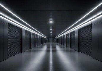 Modern minimalist storage corridor with illuminated lines and dark grey roll-up doors.