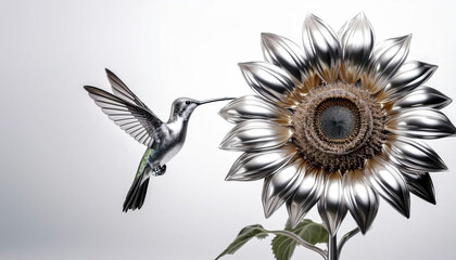 Fototapeta premium A silver chrome sunflower with a humming bird, white background, ultra realistic and hyper detailed