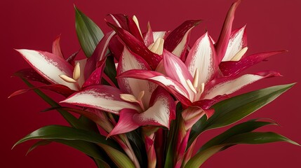 Obraz premium Bouquet of red and white flowers with green leaves. The flowers are arranged in a vase and are placed on a red background