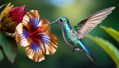 Obraz premium highly detailed realistic image of metallic hummingbird drinking nectar from a metallic flower