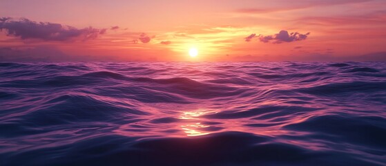 Obraz premium Vibrant sunset sky rich colors transitioning from orange to purple set above a calm sea Gentle waves reflect the sky creating a tranquil and stunning view Ultra detailed high fidelity photo realistic