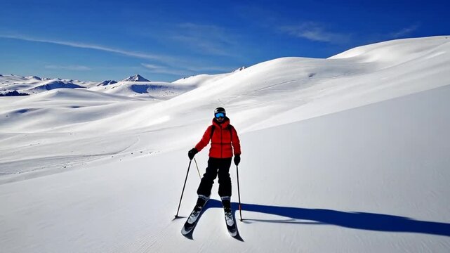 Experience the thrill of skiing down untouched slopes on a bright sunny day capturing the adventure