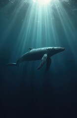 Obraz premium Gentle whale swims underwater in dark ocean depths. Bathed in sunlight, creating a tranquil atmosphere. Marine animal explores blue habitat and fluidity of graceful species in marine ecosystem.