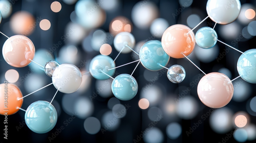 Aufkleber Bunch of colorful spheres are connected by strings, creating a web-like structure. The spheres are of different sizes and colors, and they are all connected to each other in a complex pattern