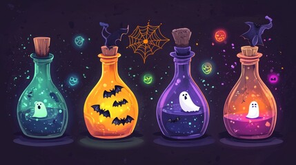 Charming cartoon potion bottle collection embodies Halloween spirit in vibrant colors and whimsical designs for autumn festivities