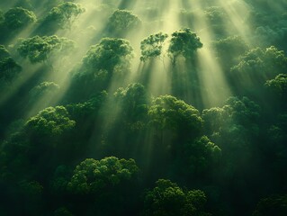 Obraz premium Beautiful forest landscape with sunbeams shining through the trees tops