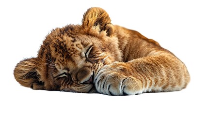 Fototapeta premium A lion cub napping with its paw over its face, isolated on white background