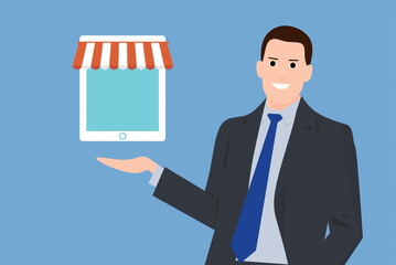 Illustration of man with online shopping concept, commerce, technology