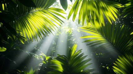 Sunlight Streaming Through Lush Green Tropical Leaves