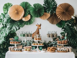 A vibrant jungle-themed dessert table featuring a variety of cupcakes, cookies, and decorative elements, set against a backdrop of green foliage and paper fans, creating a festive atmosphere