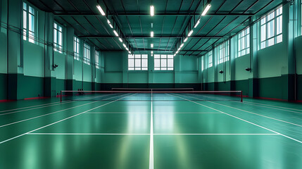 professional badminton court dominates the frame, with high ceilings and artificial lighting setting the stage for competitive play